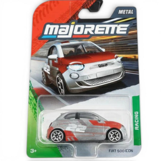 Majorette Fiat 500 Icon Racing 1:64 Die-Cast Car | Metal Body with Moving Parts | Silver & Red | Collectible Toy Car | 3+ Years