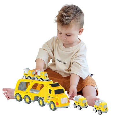 City Transporter Truck Toy for Kids – Inertial Pull Back Car Carrier with Mini Construction Vehicles | Yellow Transport Fleet Set  3+
