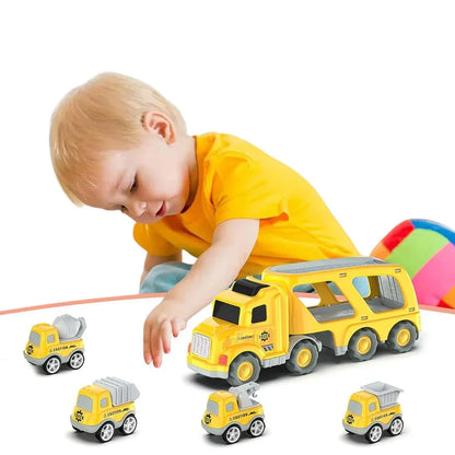 City Transporter Truck Toy for Kids – Inertial Pull Back Car Carrier with Mini Construction Vehicles | Yellow Transport Fleet Set  3+