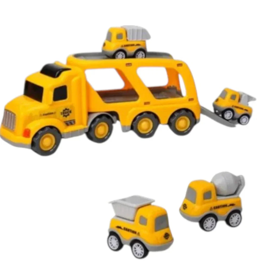 City Transporter Truck Toy for Kids – Inertial Pull Back Car Carrier with Mini Construction Vehicles | Yellow Transport Fleet Set  3+