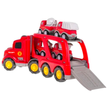 City Transporter Fire Truck Toy with Mini Construction Vehicles – Sound & Light Transport Truck | 6+ Ages