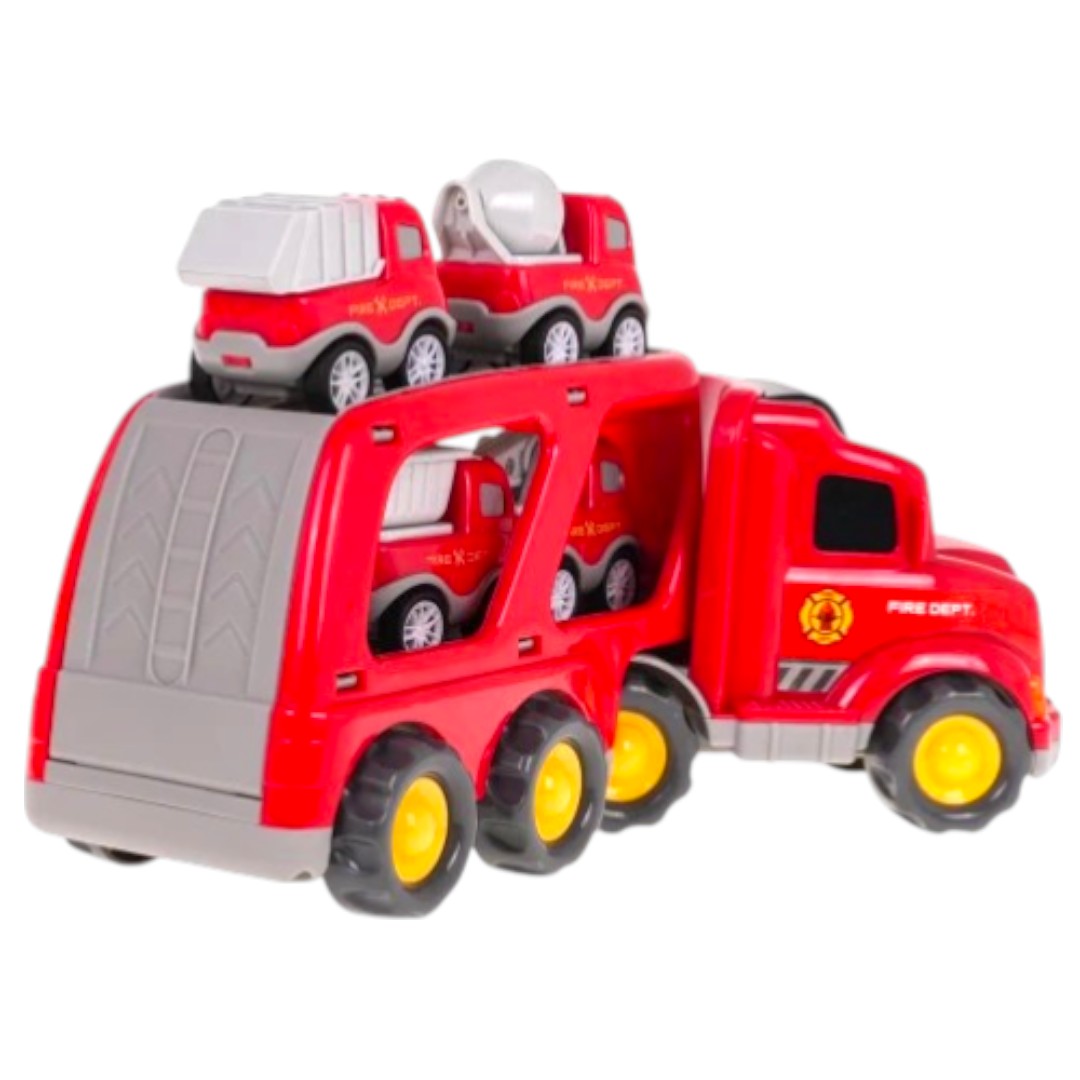 City Transporter Fire Truck Toy with Mini Construction Vehicles – Sound & Light Transport Truck | 6+ Ages