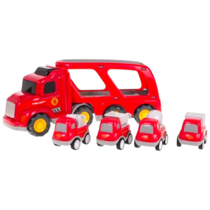 City Transporter Fire Truck Toy with Mini Construction Vehicles – Sound & Light Transport Truck | 6+ Ages