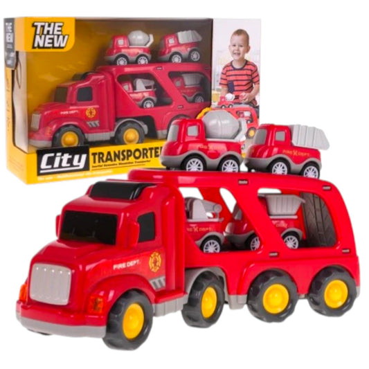 City Transporter Fire Truck Toy with Mini Construction Vehicles – Sound & Light Transport Truck | 6+ Ages