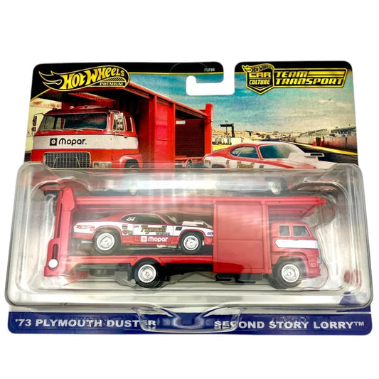 Hot Wheels Premium 1:64 Car Culture Team Transport – ’73 Plymouth Duster with Second Story Lorry