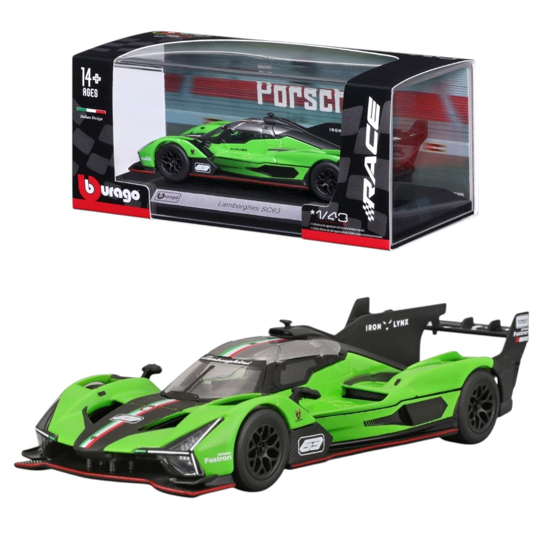 Bburago 1:43 Lamborghini SC63 Green Race Car Diecast Model – Premium Racing Series with Display Case
