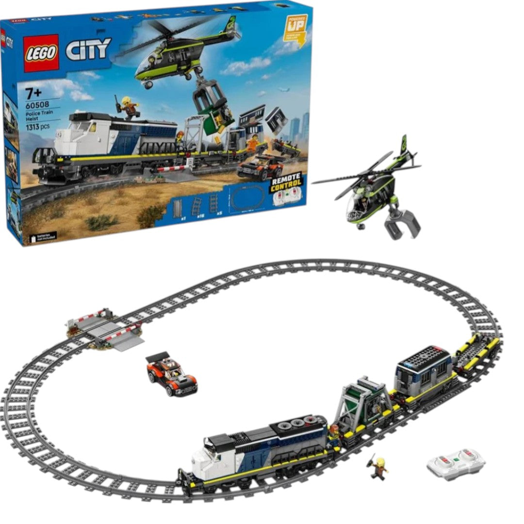 LEGO 60508 City Police Train Heist Remote Control Set – RC Train Toy with Tracks, Helicopter & Minifigures, 1313 Pieces
