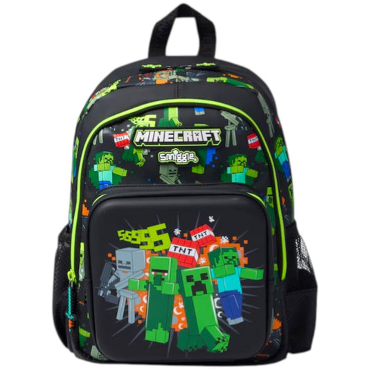 Smiggle Minecraft Backpack for Kids (14 Inch) – Creeper School Bag with Front Pocket & Side Mesh (Black & Green)
