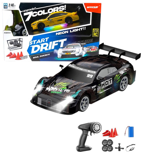 4WD RC Drift Car with Lights – 2.4GHz High-Speed Remote Control Racing Car (30KM/H, Rechargeable, Black Edition)