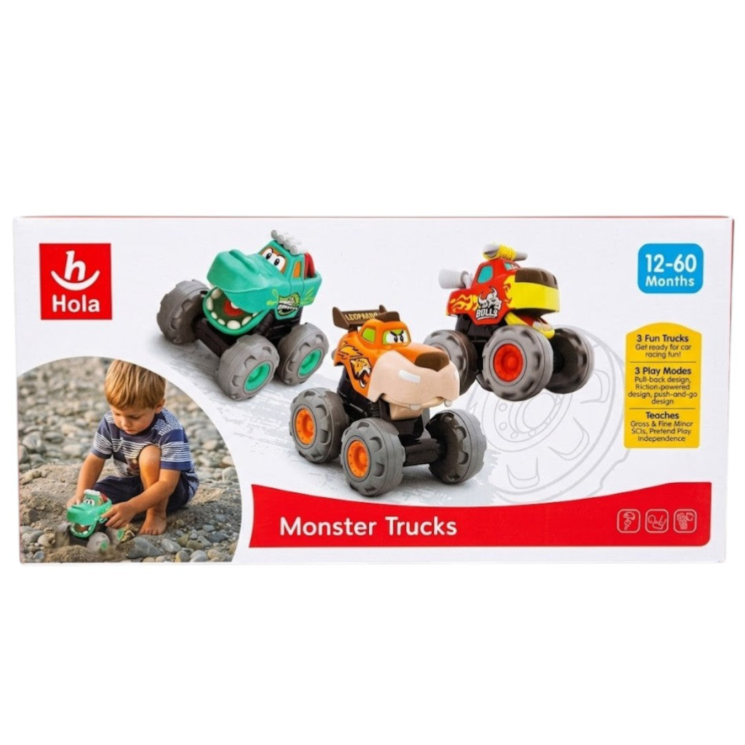 Hola Monster Trucks Toy Set – 3 Cartoon Push & Go Trucks for Toddlers (Pull-Back, Friction Powered, 12–60 Months)