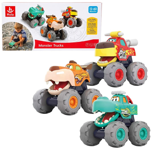 Hola Monster Trucks Toy Set – 3 Cartoon Push & Go Trucks for Toddlers (Pull-Back, Friction Powered, 12–60 Months)