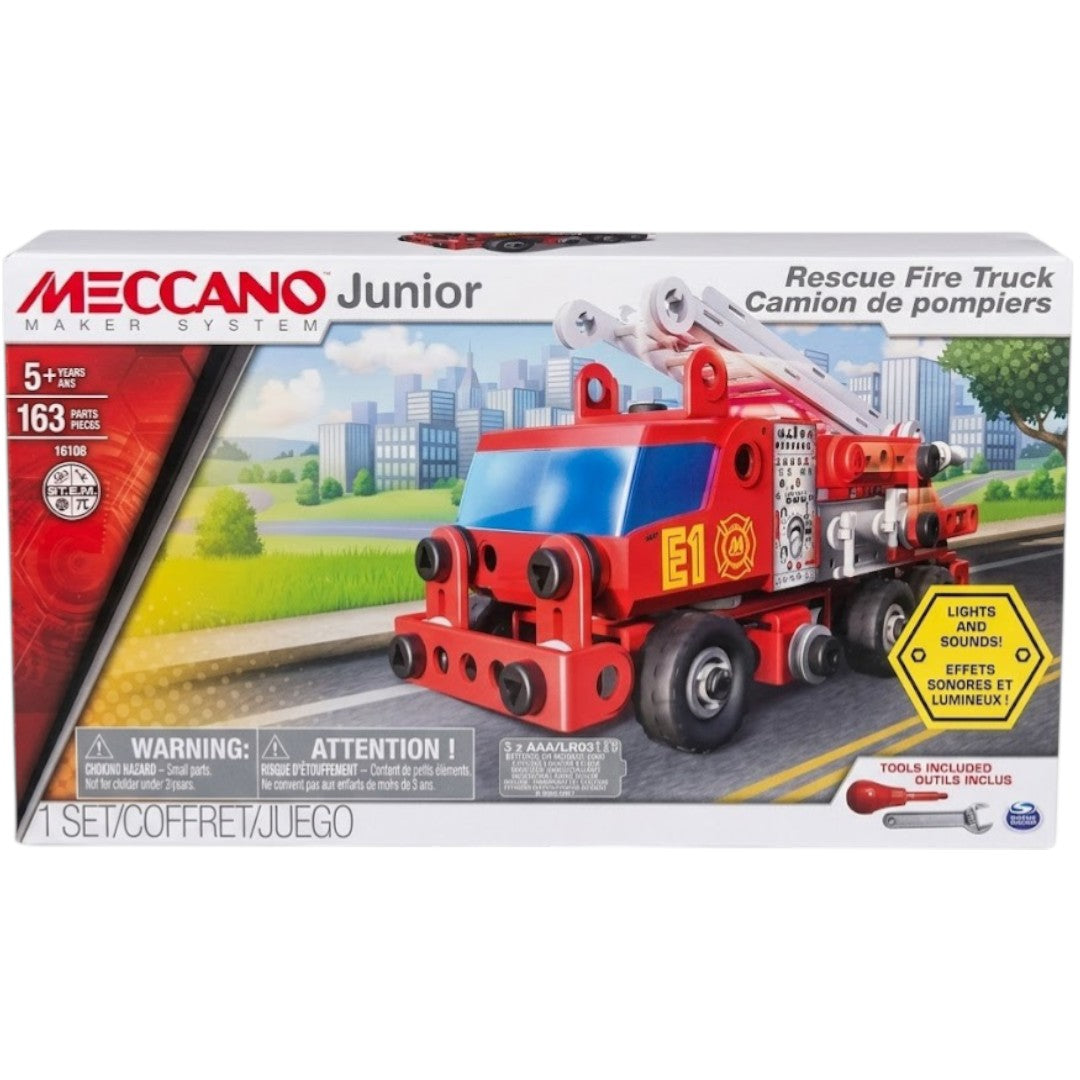Meccano Junior Rescue Fire Truck Building Set – 163 Pieces STEM Construction Kit with Lights & Sounds (Ages 5+)