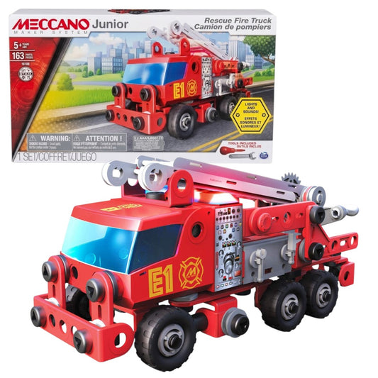 Meccano Junior Rescue Fire Truck Building Set – 163 Pieces STEM Construction Kit with Lights & Sounds (Ages 5+)