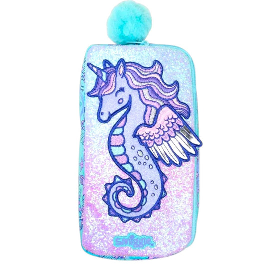 Smiggle Unicorn Glitter Pencil Pouch with Pom Pom – Kids School Stationery Pouch Case
