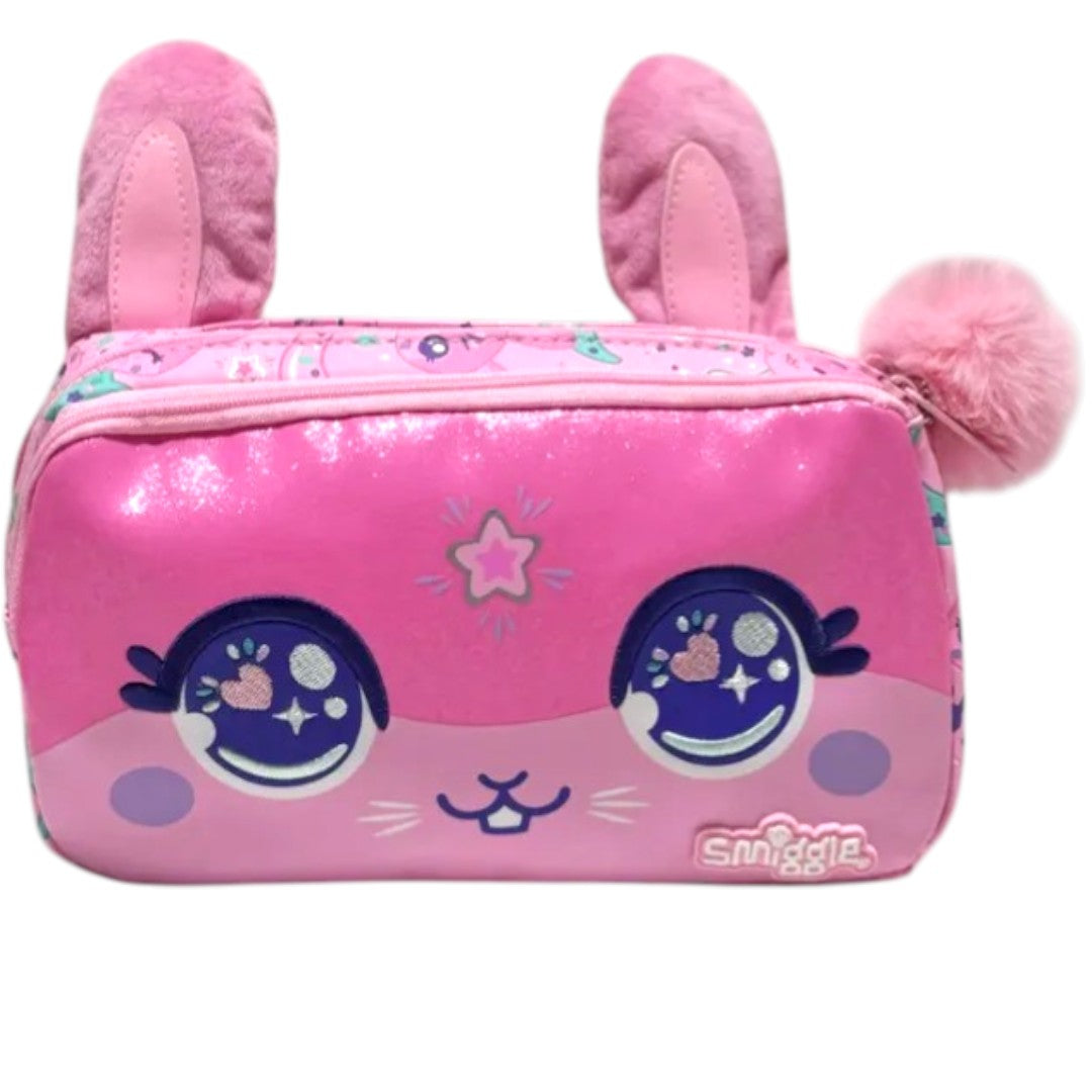 Smiggle Bunny Face Pencil Pouch with Pom Pom – Cute Kids School Stationery Pouch