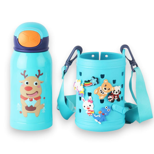Kids Insulated Water Bottle with Carry Pouch – Leakproof Stainless Steel School Bottle with Strap (Cartoon Design)