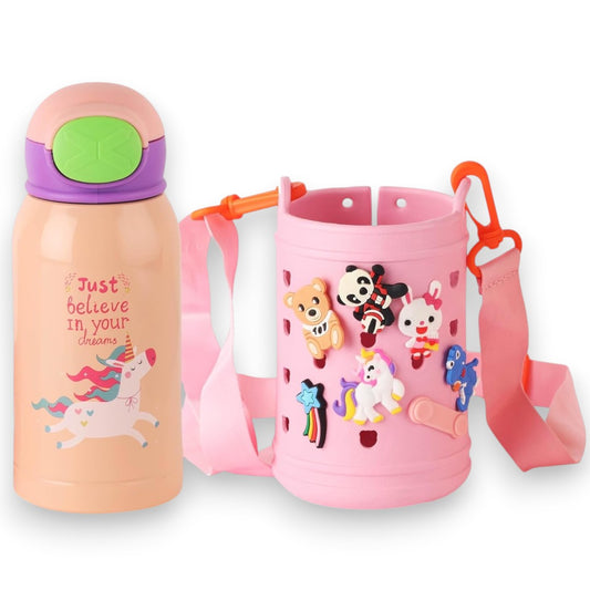 Kids Insulated Stainless Steel Water Bottle with Carry Pouch – Leakproof School Bottle with Shoulder Strap (Unicorn Design)
