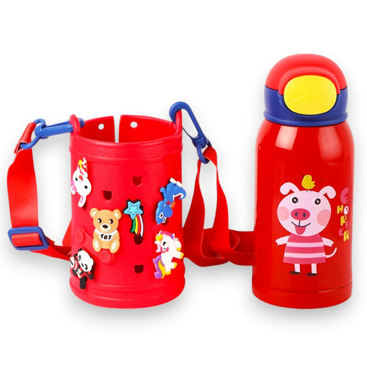 Kids Insulated Stainless Steel Water Bottle with Carry Pouch – Leakproof School Bottle with Shoulder Strap (Cartoon Animal Design)