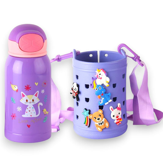 Kids Insulated Stainless Steel Water Bottle with Carry Pouch – Leakproof School Bottle with Shoulder Strap (Cute Cat Design)