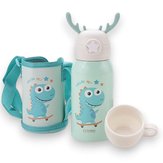 Kids Insulated Stainless Steel Water Bottle with Cup & Carry Pouch – Leakproof School Bottle (Dinosaur Design)