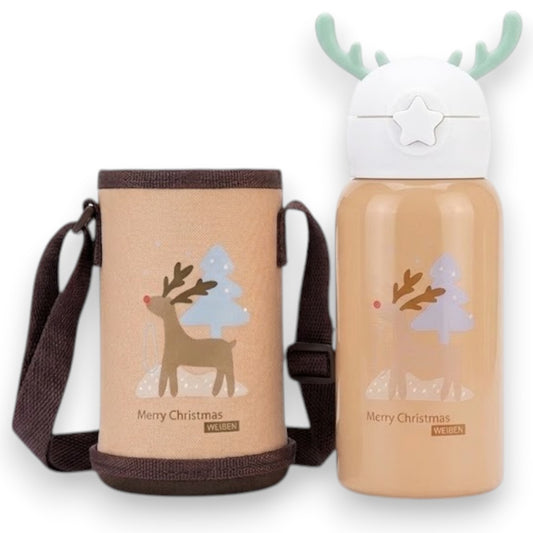 Kids Insulated Stainless Steel Water Bottle with Cup & Carry Pouch – Leakproof School Bottle with Shoulder Strap (Reindeer Design)