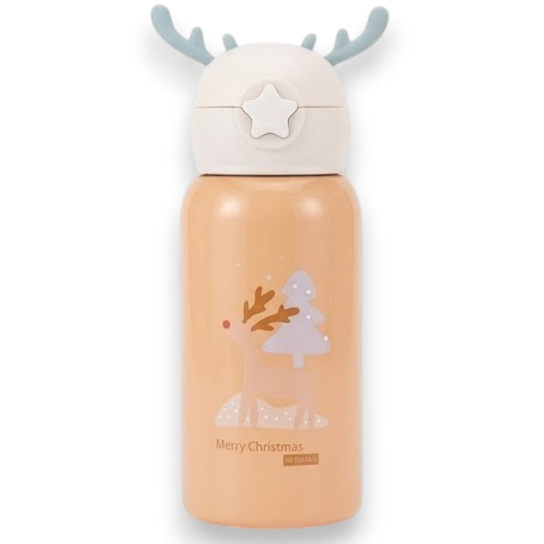 Kids Insulated Stainless Steel Water Bottle with Cup & Carry Pouch – Leakproof School Bottle with Shoulder Strap (Reindeer Design)