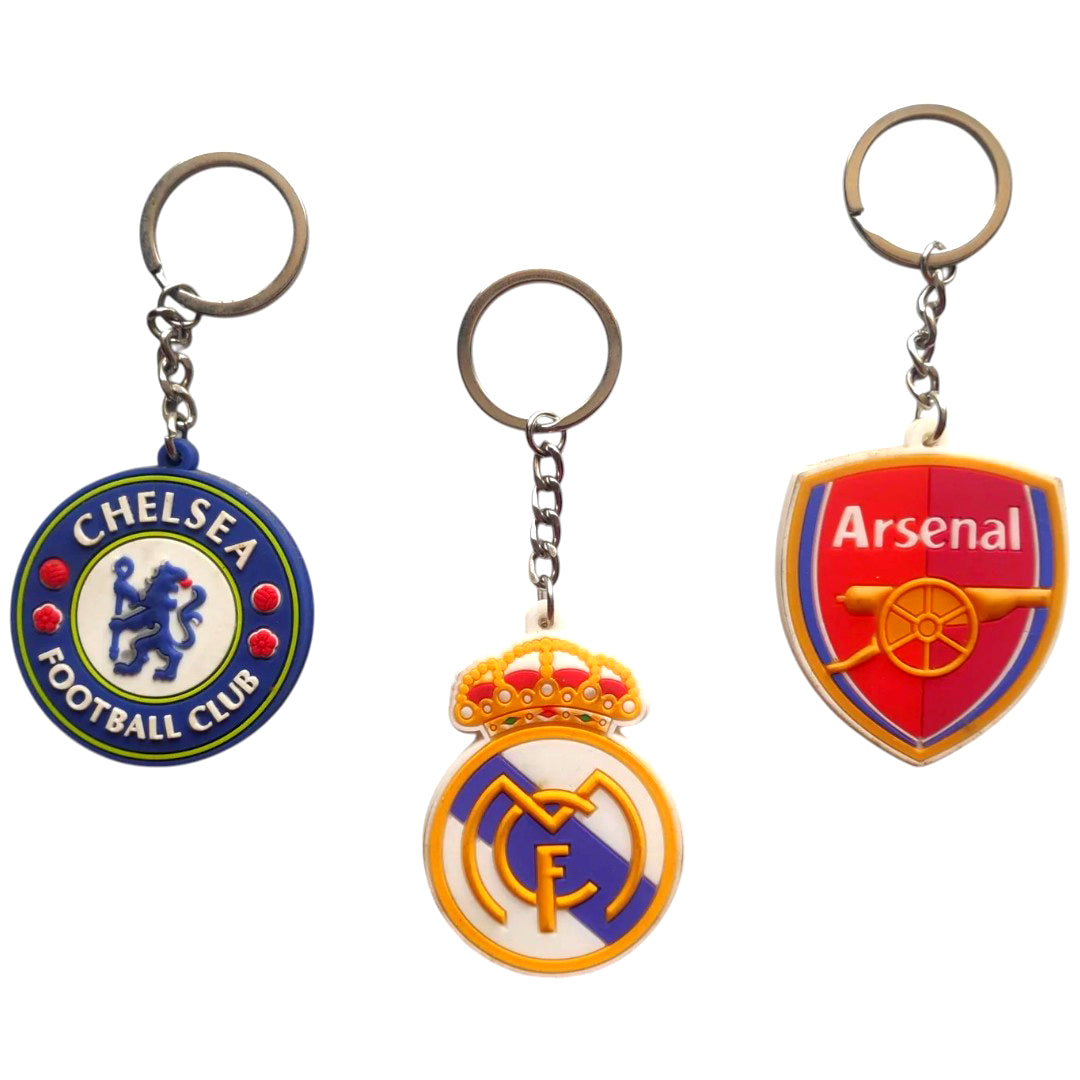 Football Club Logo Keychains Set of 3 – Chelsea, Real Madrid & Arsenal Rubber Keyrings for Fans