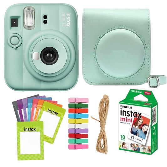 Fujifilm Instax Mini 13 Instant Camera + 10 Shot Films + 1x Camera Case + 10X Paper Photo Frame + 10 Photo Hanging Clips (Lagoon Green , Mini 13)