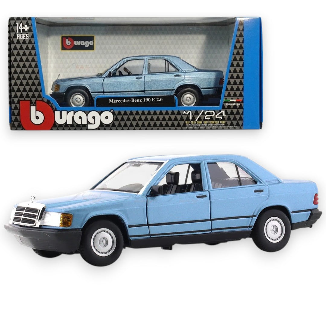 Bburago 1:24 Mercedes-Benz 190E 2.6 Diecast Model Car – Classic Mercedes Collectible with Window Display Box