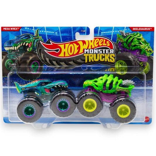 Hot Wheels 1:64 Scale Monster Trucks Mega Wrex & Skelesaurus Die-Cast Truck Set –  Dinosaur Monster Truck 2-Pack