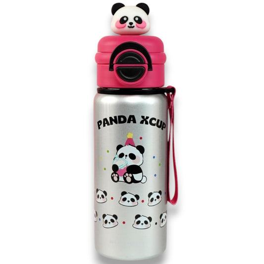 Panda Kids Water Bottle 500ML with Straw Lid – Leakproof Cartoon School Water Bottle for Children (Silver)