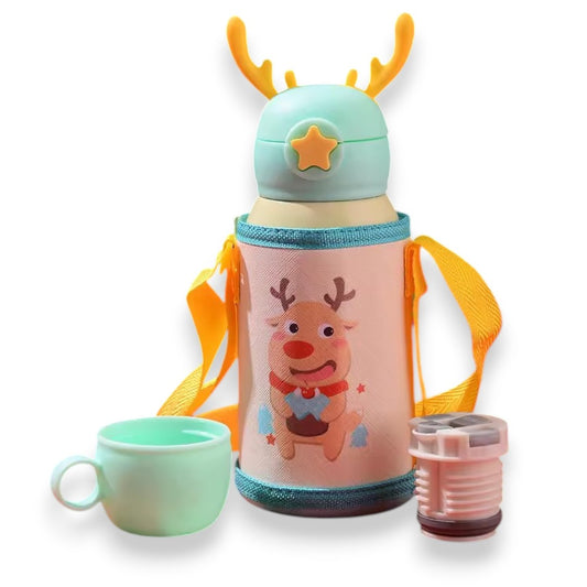 Kids Stainless Steel Insulated Water Bottle 500ML  with Cup & Straw – Leakproof Thermos Bottle with Carry Strap for School (Unicorn / Bunny / Deer Design)
