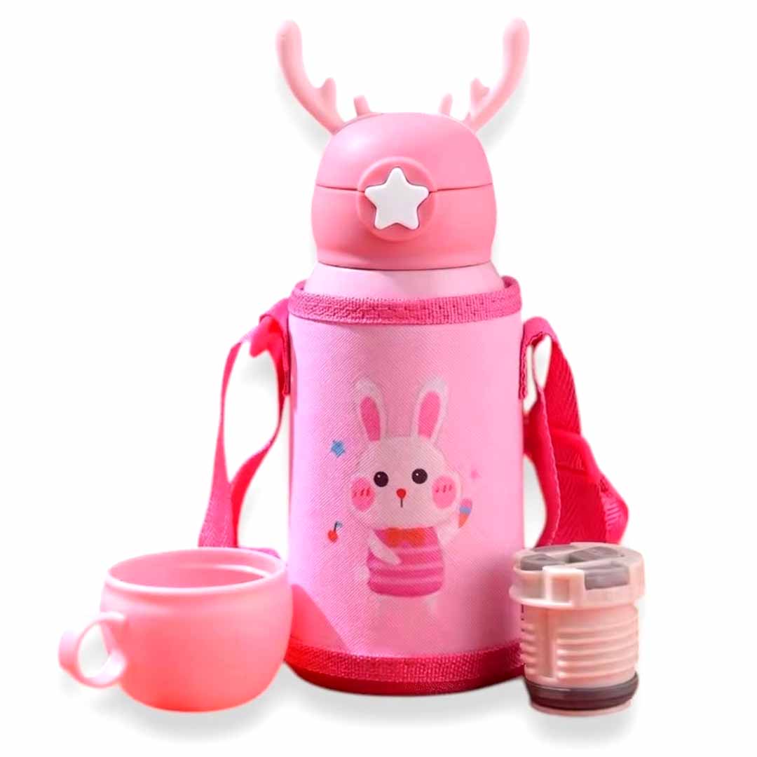 Kids Stainless Steel Insulated Water Bottle 500ML  with Cup & Straw – Leakproof Thermos Bottle with Carry Strap for School (Unicorn / Bunny / Deer Design)