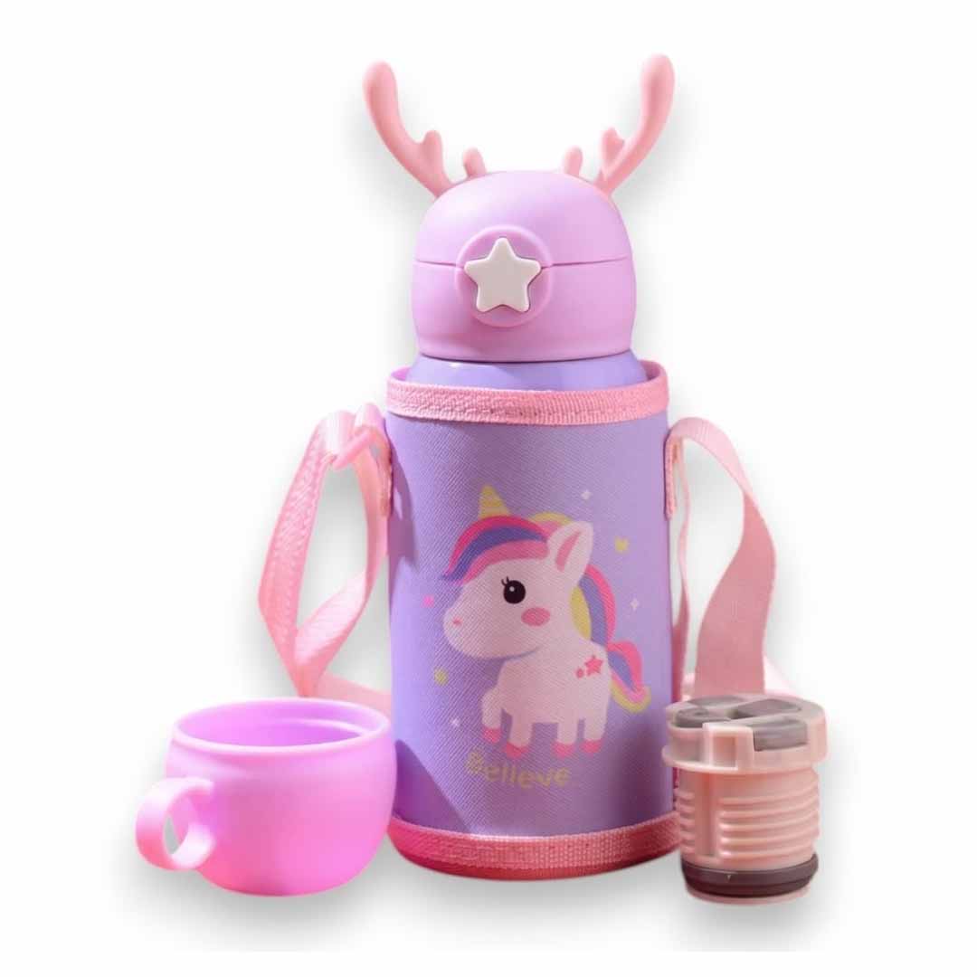 Kids Stainless Steel Insulated Water Bottle 500ML  with Cup & Straw – Leakproof Thermos Bottle with Carry Strap for School (Unicorn / Bunny / Deer Design)