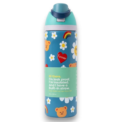 Stainless Steel Insulated Water Bottle 710ml with Built-in Straw – Leakproof Thermos Bottle for School, Travel & Daily Use (Multiple Designs)