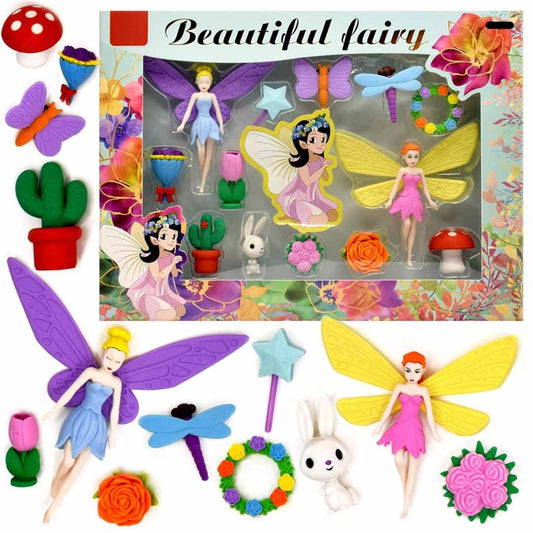 Beautiful Fairy Fancy Eraser Set – 13 Pcs Cute Fairy & Garden Theme Stationery with Colorful Character Erasers for Kids