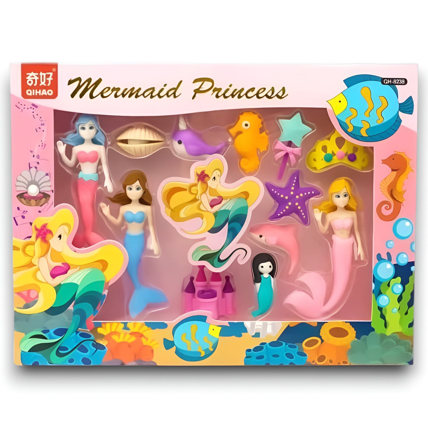 Mermaid Princess Fancy Eraser Set – Colorful Stationery Kit with 12 Cute Sea Animal & Mermaid Character Erasers for Kids