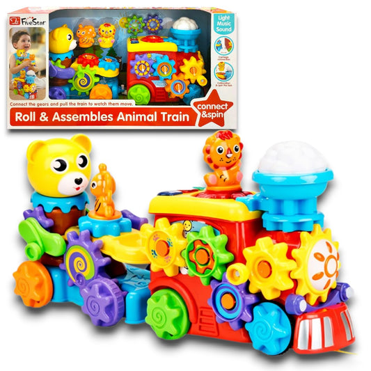 Five Star Roll & Assemble Animal Train Toy – Gear Connection Train with Light, Music & Spinning Animal Figures for Toddlers