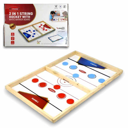 SIMARR 2-in-1 String Hockey Game with White Marker Board – Wooden Sling Puck Fast Hockey Board Game for Kids & Family | Indoor Tabletop Game