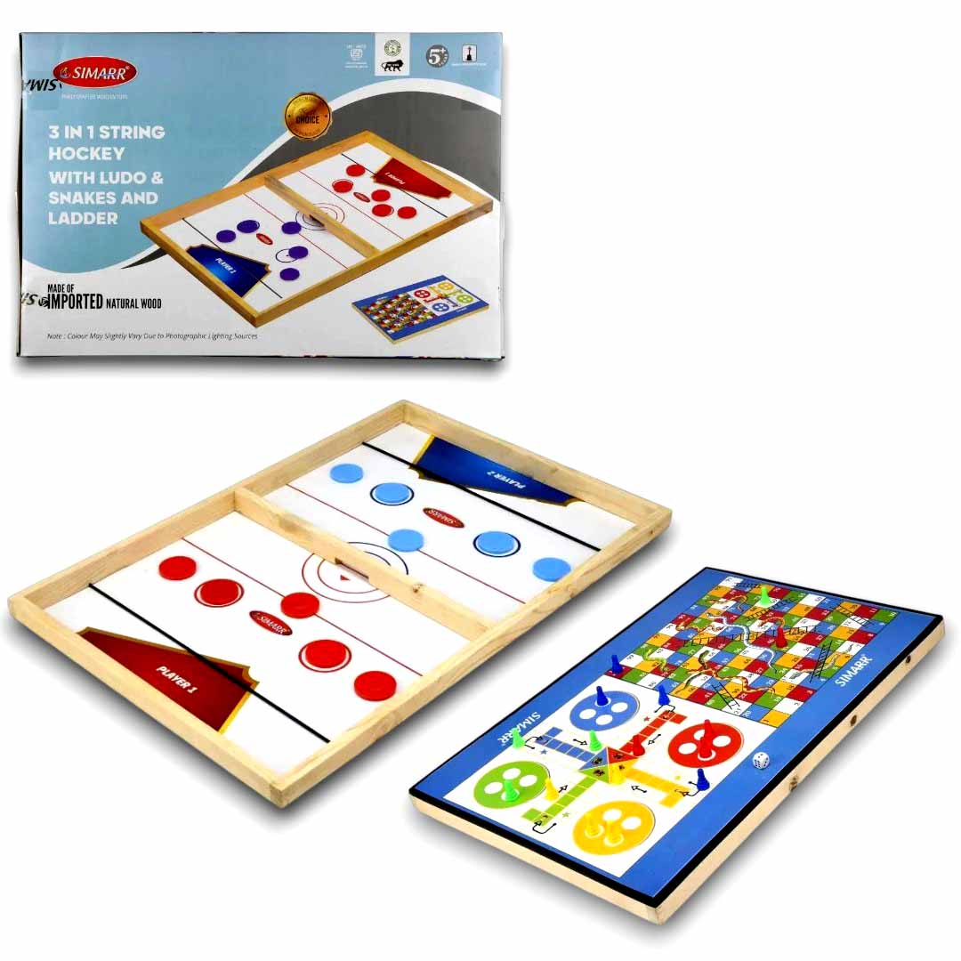 SIMARR 3-in-1 String Hockey Board Game with Ludo & Snakes and Ladders – Wooden Sling Puck Tabletop Game for Kids & Family