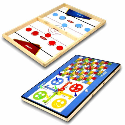 SIMARR 3-in-1 String Hockey Board Game with Ludo & Snakes and Ladders – Wooden Sling Puck Tabletop Game for Kids & Family