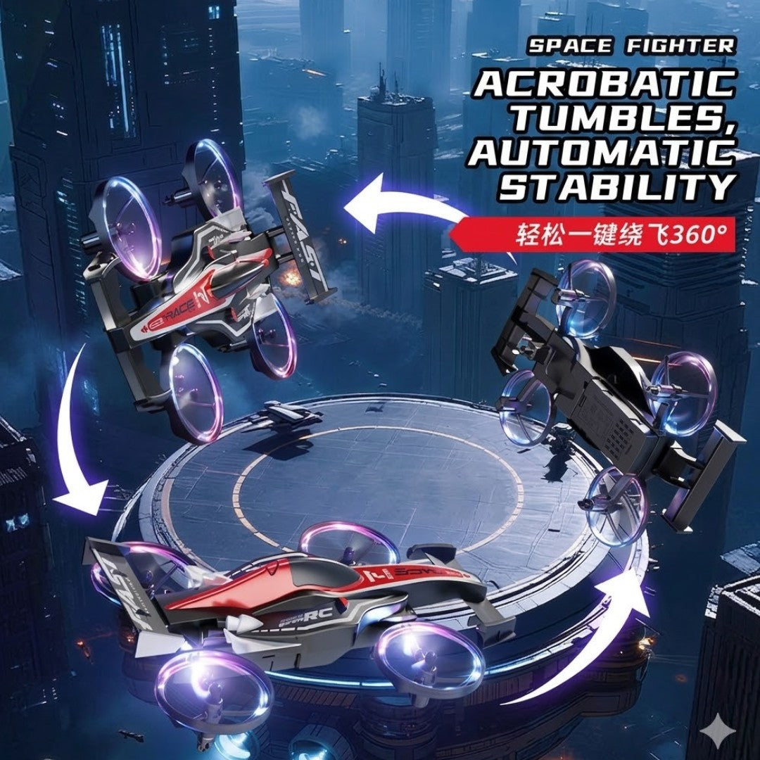 2-in-1 RC Flying Car Drone Toy – 2.4GHz Mini Flying Stunt Car with LED Lights, Indoor Quadcopter for Kids
