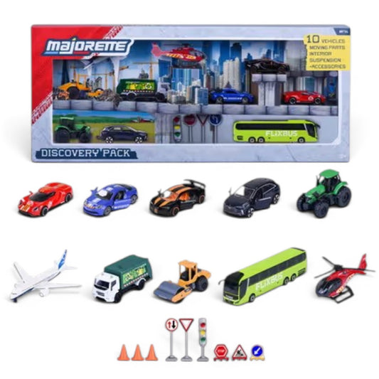 Majorette Discovery Pack Toy Vehicle Set – 10 Die-Cast Cars, Bus, Tractor, Helicopter & Accessories