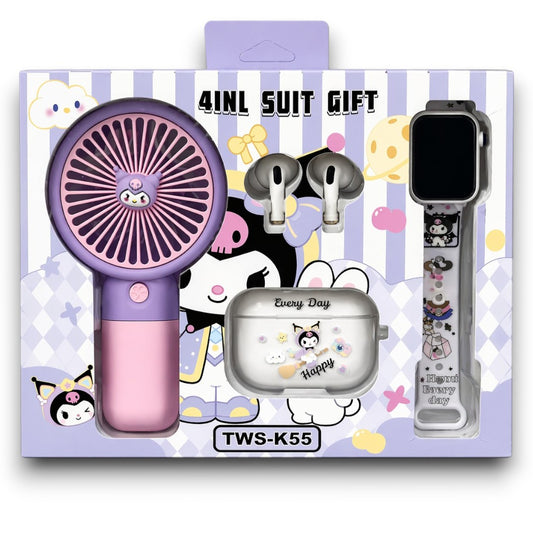 4-in-1 Kids Gift Set – Mini Handheld Fan, Smart Watch, TWS Earbuds & Charging Case (TWS-K55) Purple
