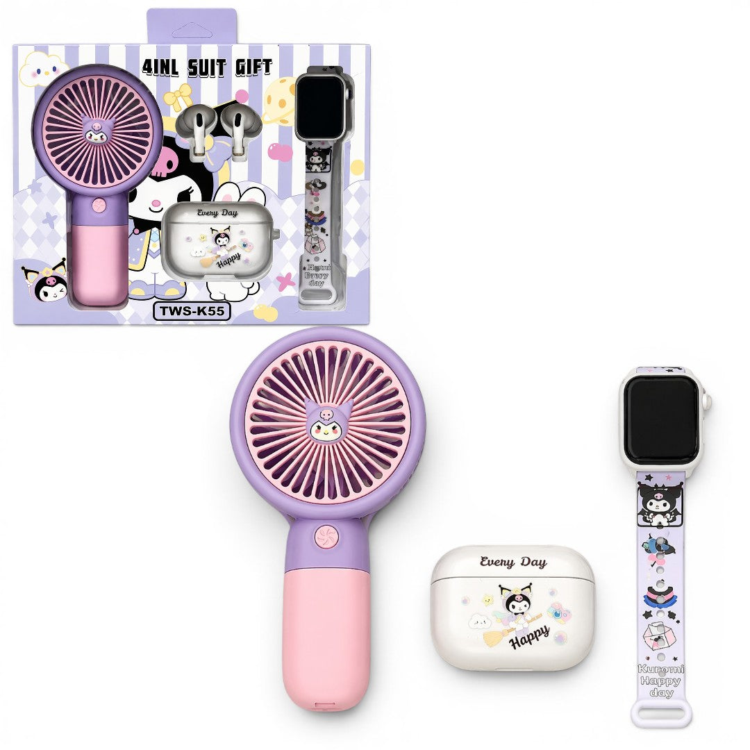 4-in-1 Kids Gift Set – Mini Handheld Fan, Smart Watch, TWS Earbuds & Charging Case (TWS-K55) Purple