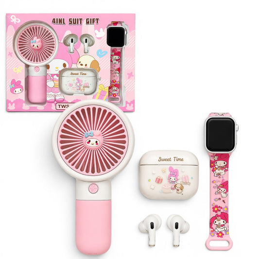4-in-1 Kids Gift Set – Mini Handheld Fan, Smart Watch, TWS Earbuds & Charging Case (TWS-K55) Pink