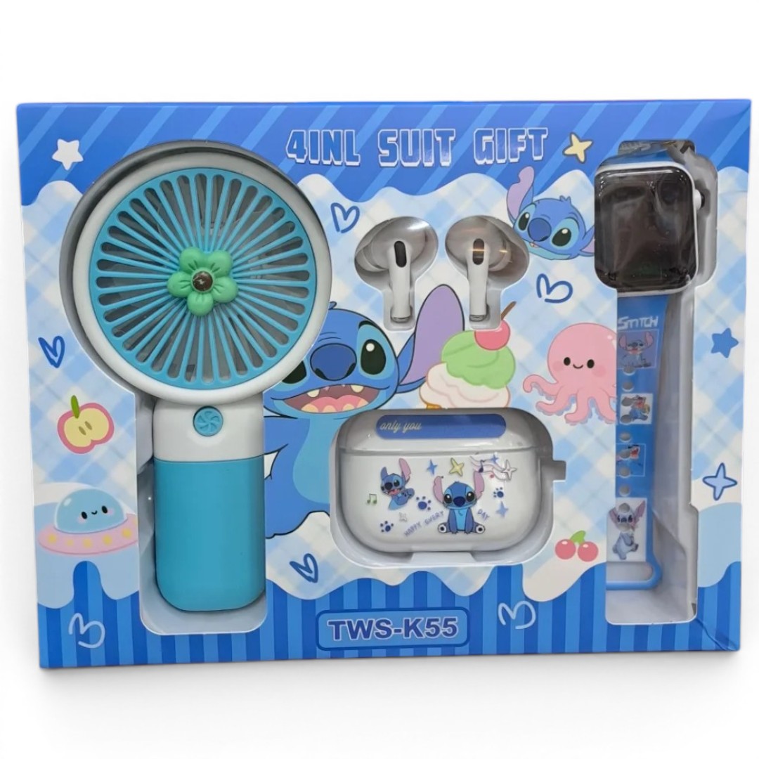4-in-1 Kids Gift Set – Mini Handheld Fan, Smart Watch, TWS Earbuds & Charging Case (TWS-K55) Blue