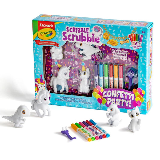 Crayola Scribble Scrubbie Confetti Party, 4 Washable Pets, 6 Markers & 1 Scrub Brush, Non-Toxic, Gift for Kids