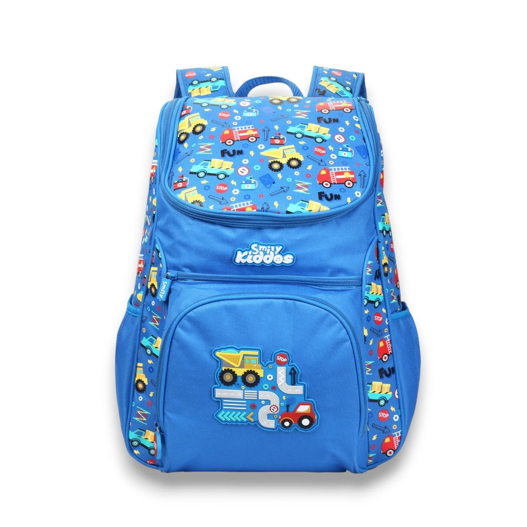 Smily Kiddos 18 Inch Kids School Backpack – Vehicle Theme Blue Multi-Compartment School Bag for Boys