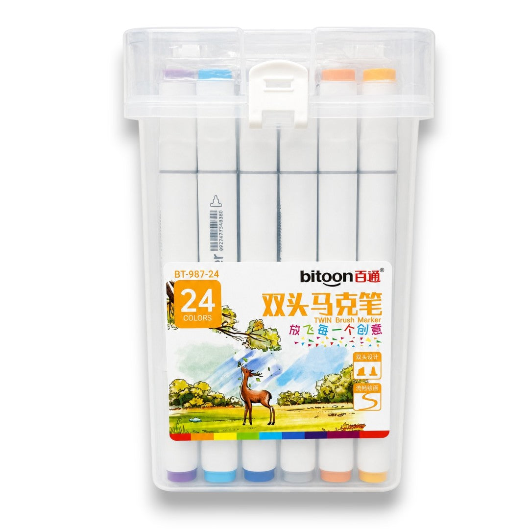 Bitoon Twin Brush Markers 24 Colors Set – Dual Tip Sketch Pens with Ca ...